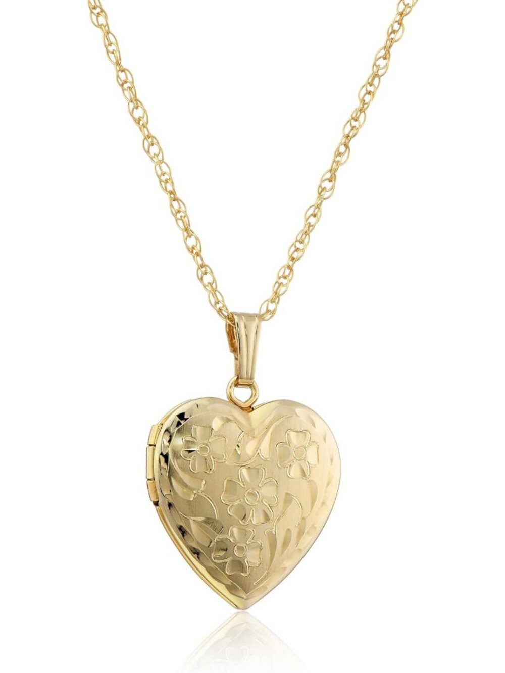 14k Gold Engraved Flower Heart Locket Necklace - 18" Adjustable Chain